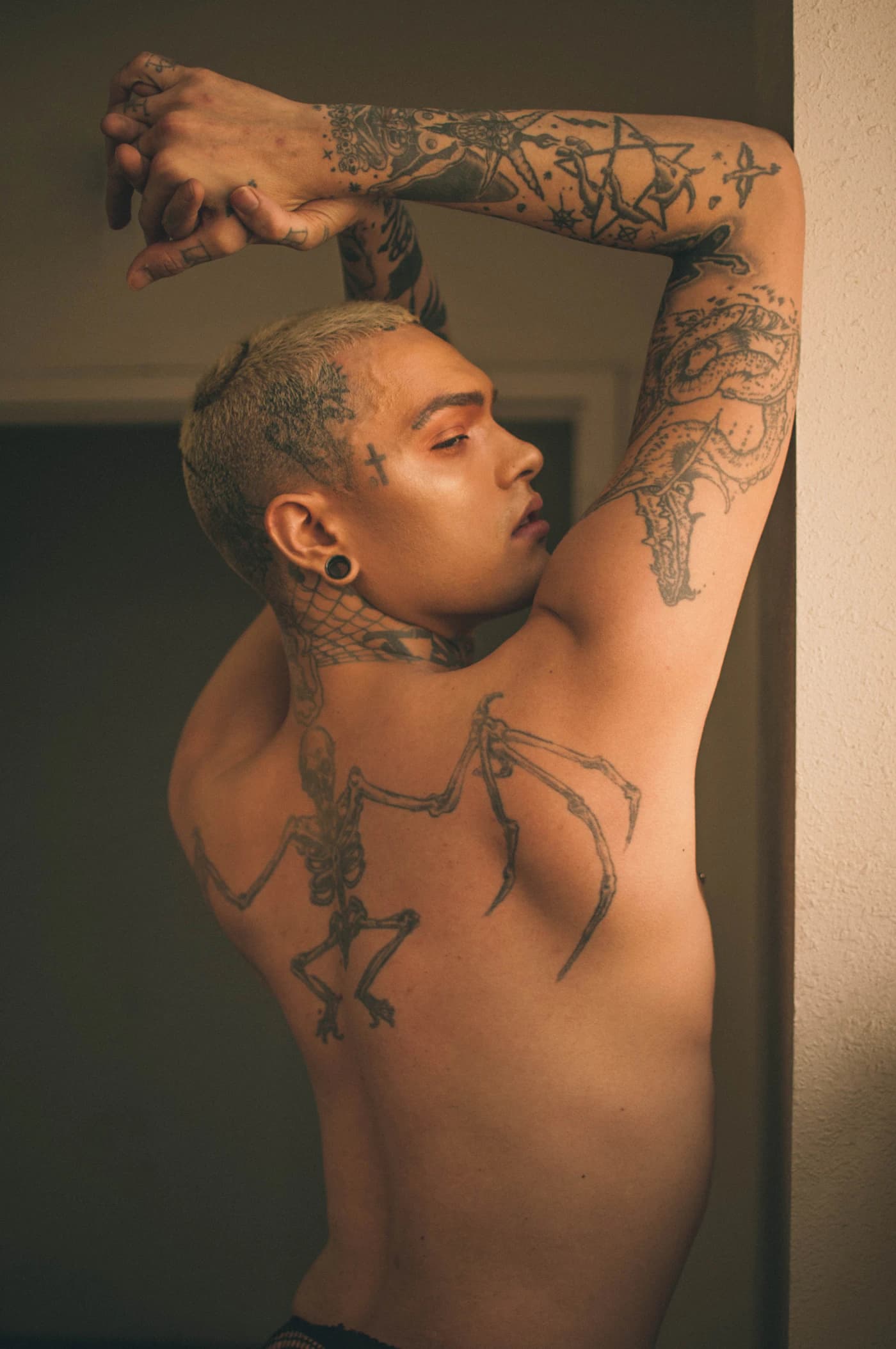 Tattooed collector posing in warm natural light